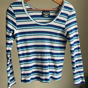 Long Sleeve Ribbed Blue White Striped Tee Tshirt Size L